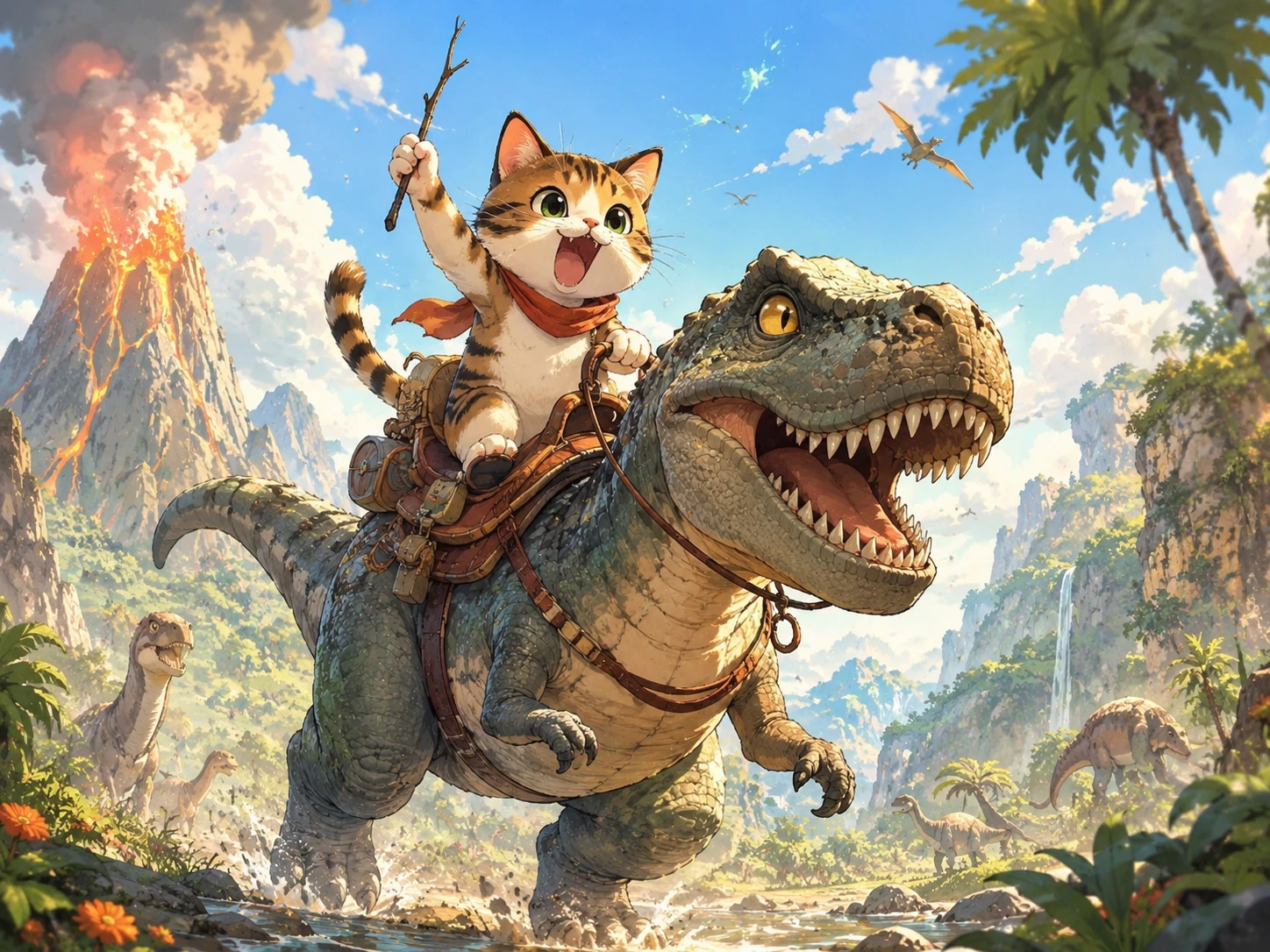 Cat Riding A Dinosaur In A Dreamy Prehistoric Cartoon World