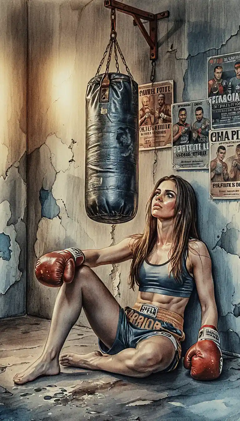 Exhausted boxer woman resting on concrete gym floor