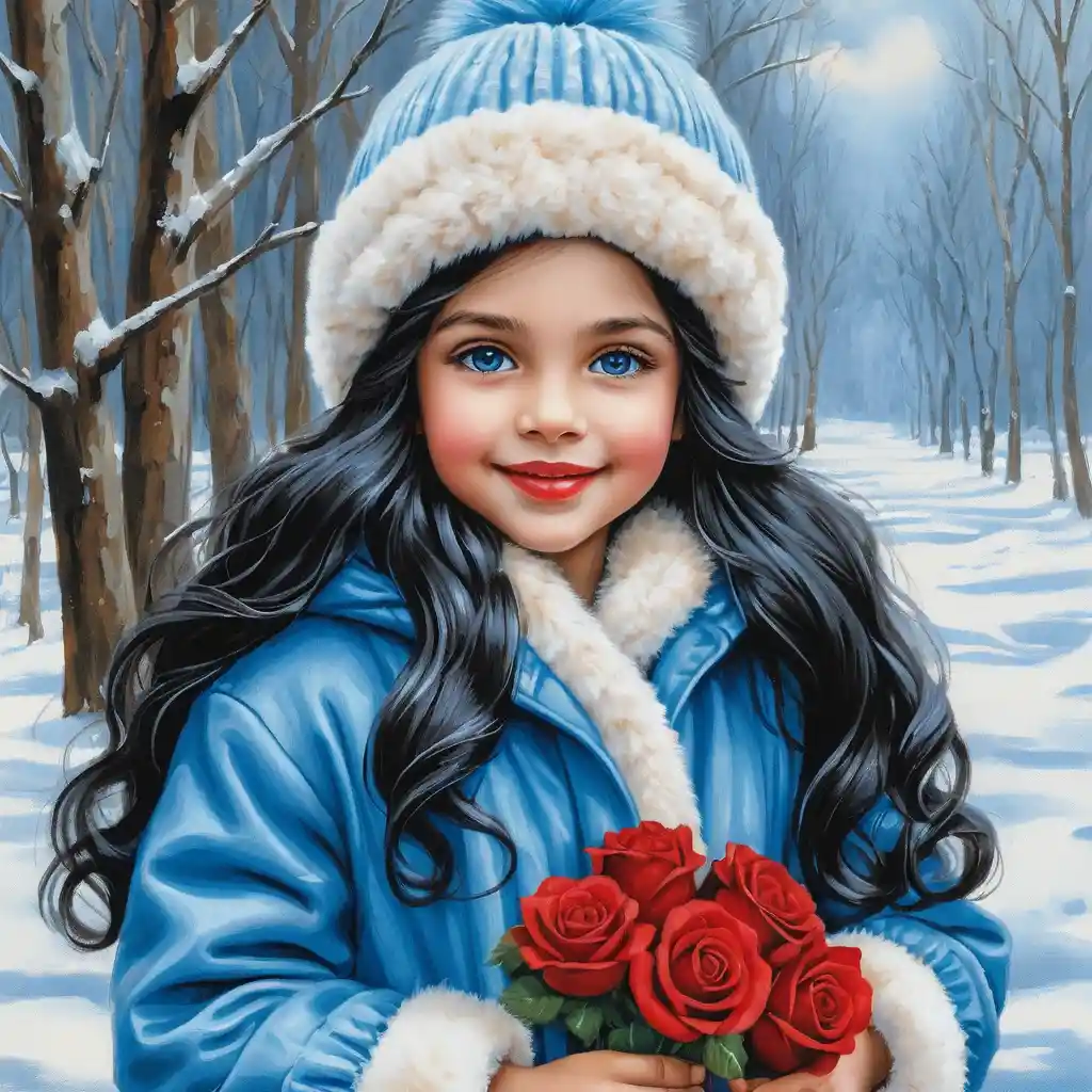 Smiling winter girl with roses in a fur coat
