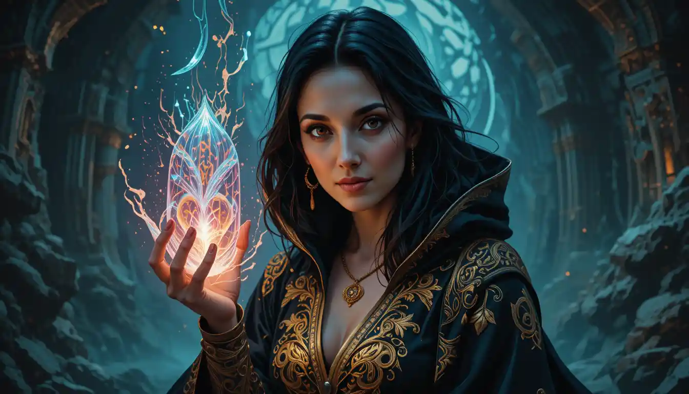 Bald tattooed woman holding radiant crystal artifact