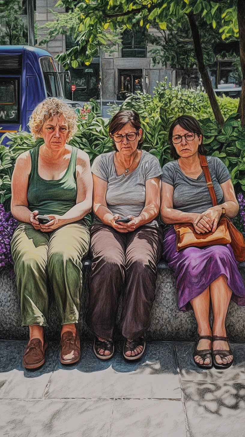 Three middle aged women waiting on a city stone bench