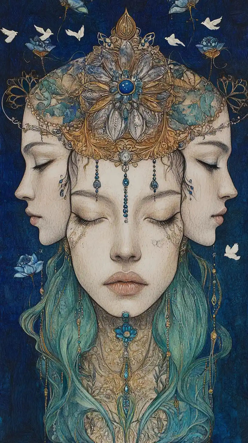 Surreal Portrait Of Merging Female Faces With Ornate Lotus Headdress