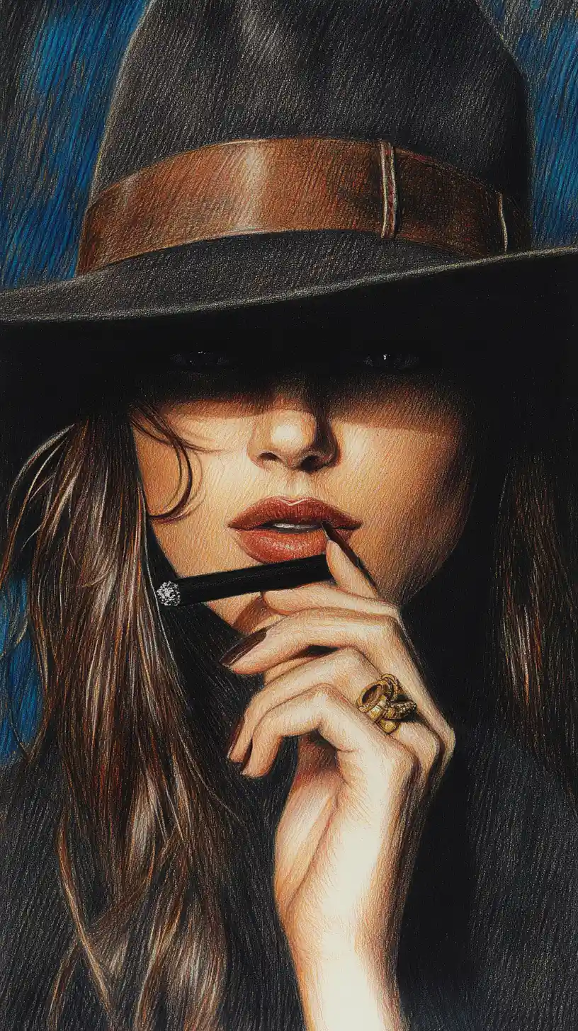 Mysterious woman in fedora with cigarette holder portrait