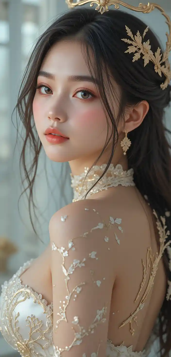 Cybernetic Korean woman with angel wings and curves