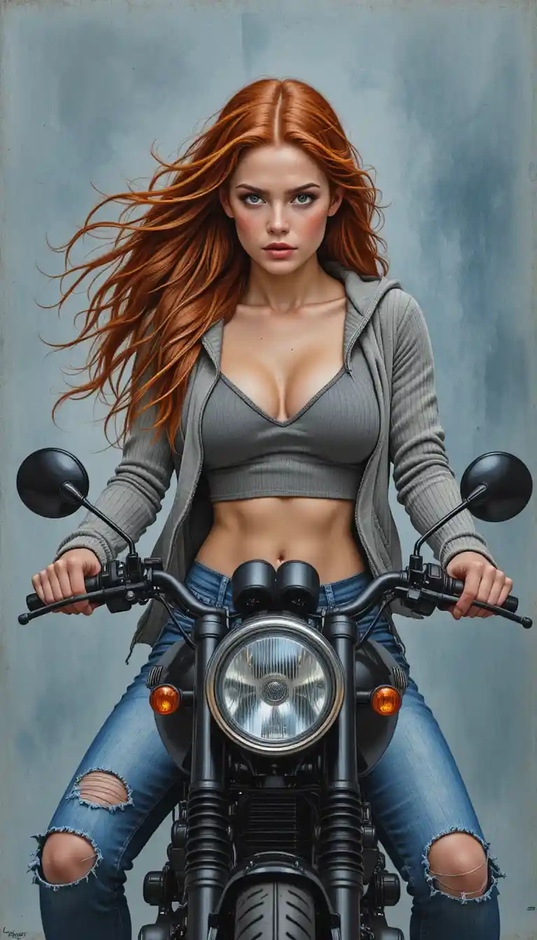 Red haired woman on cafe racer motorcycle in pencil art