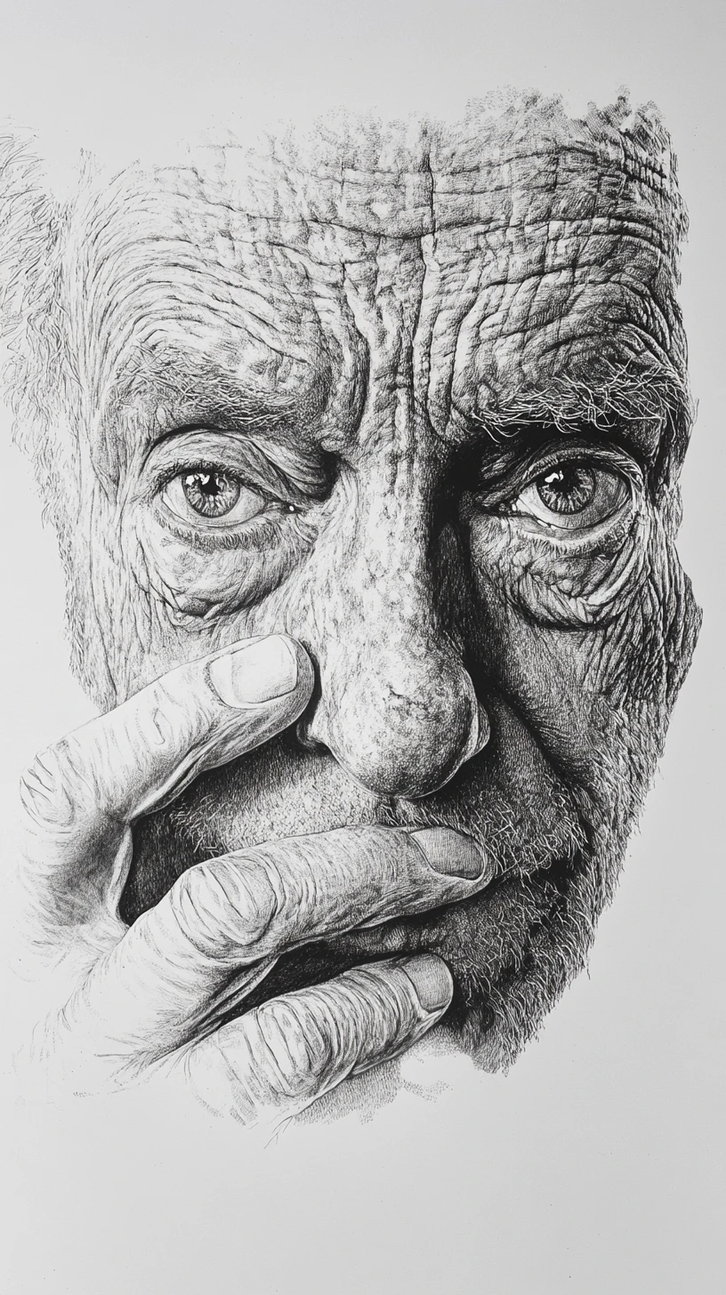 Pencil close up of an old man praying in deep contemplation