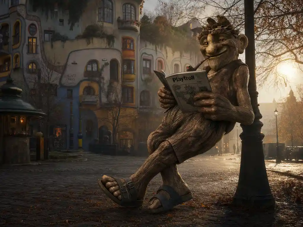 Wooden troll leaning on lamppost in misty city street