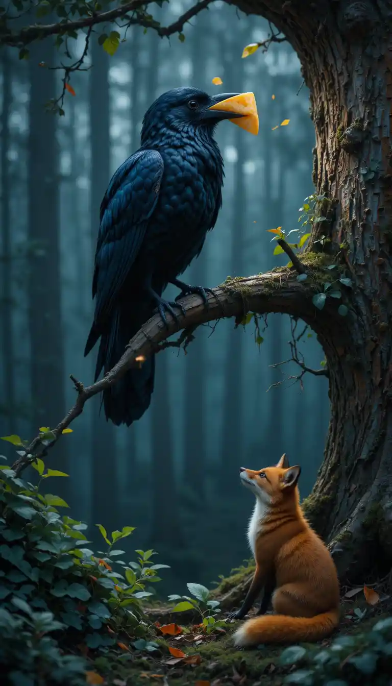 Crow With Cheese Watched By Fox In Dark Forest