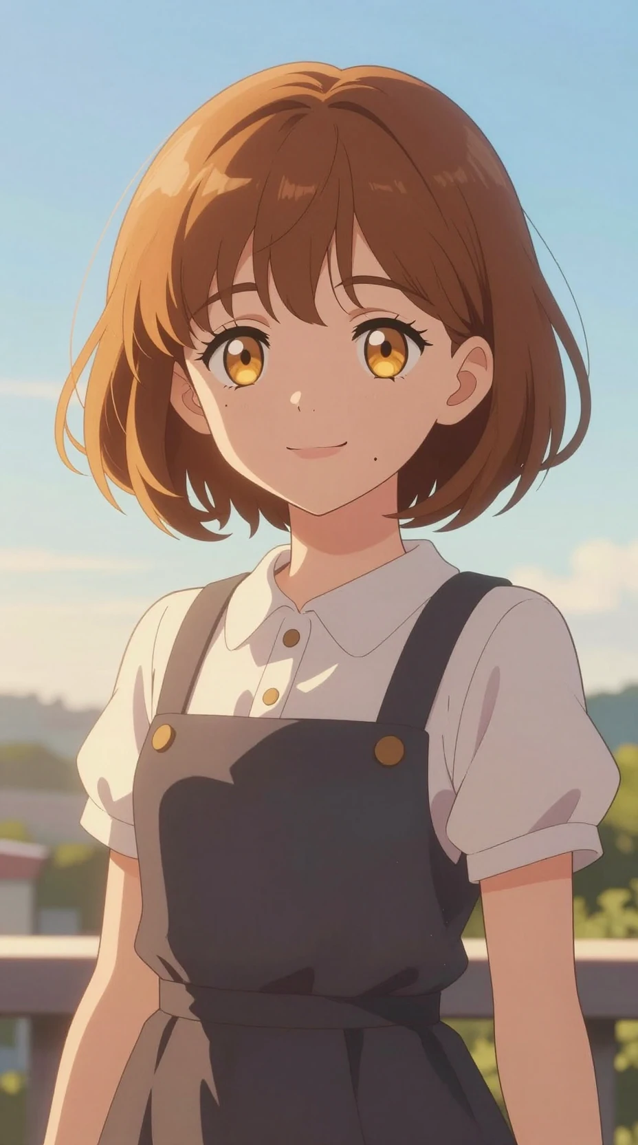 Gentle anime girl standing outdoors in soft morning light
