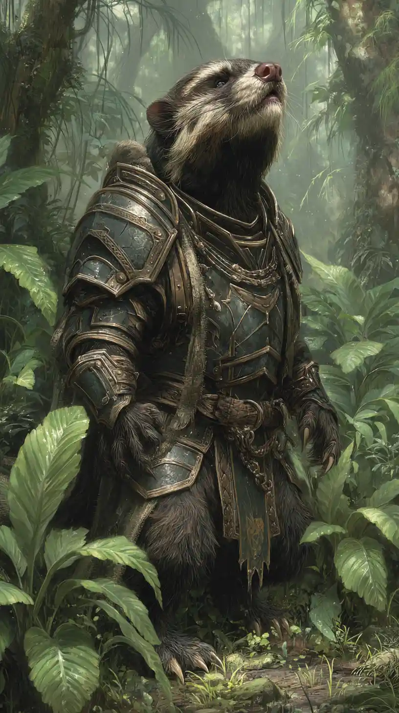 Armored ferret knight standing in an enchanted fantasy forest