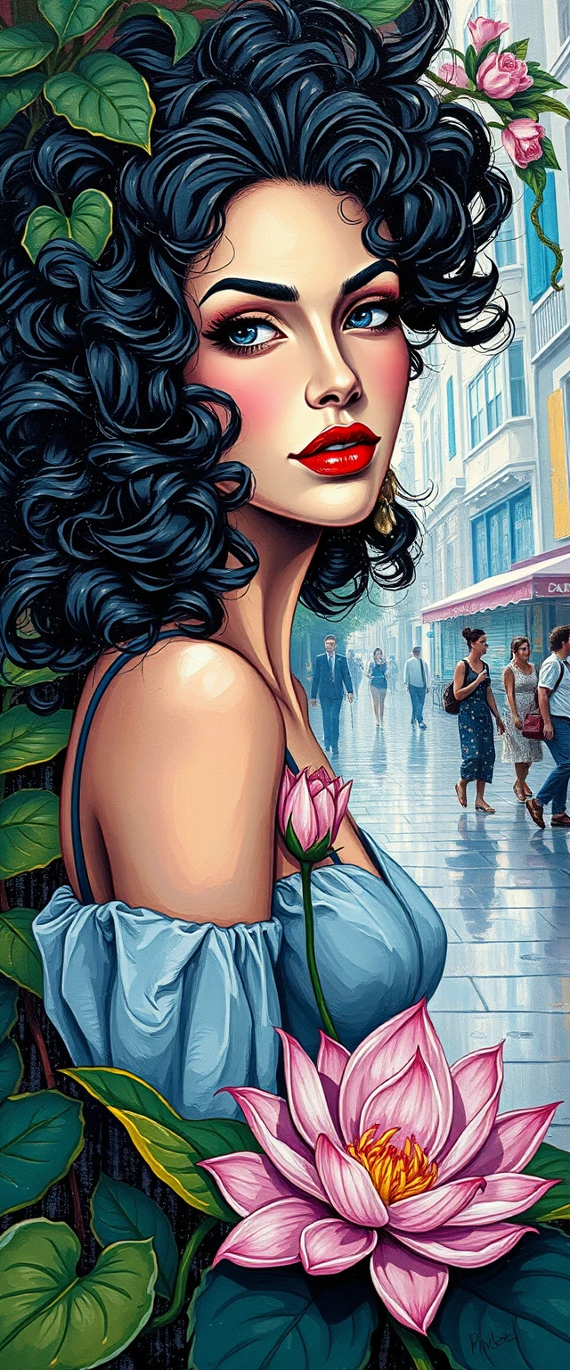 Impressionist cubist portrait of a glamorous woman in a garden
