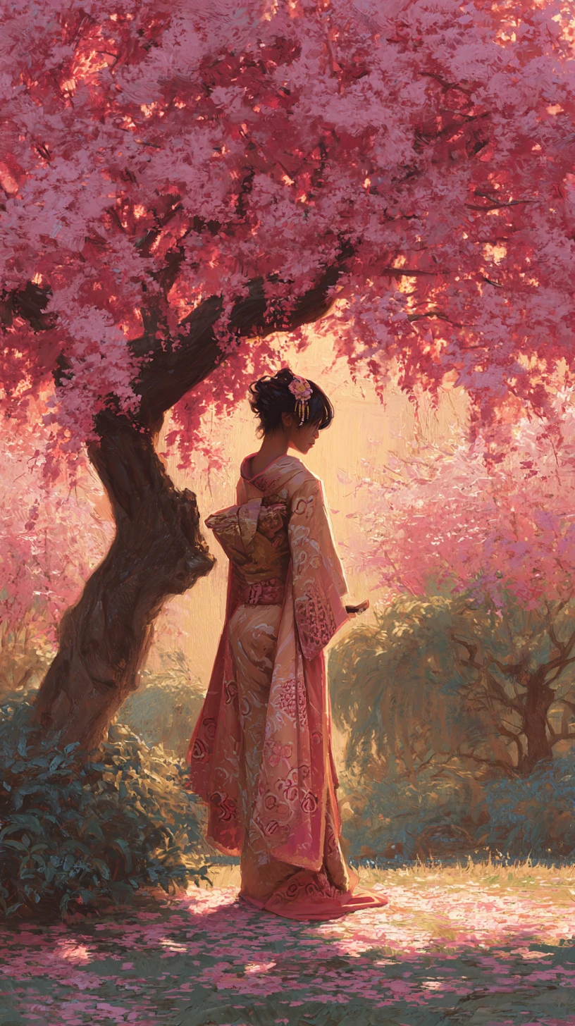 満開の桜の下に佇む着物姿のアジア人女性