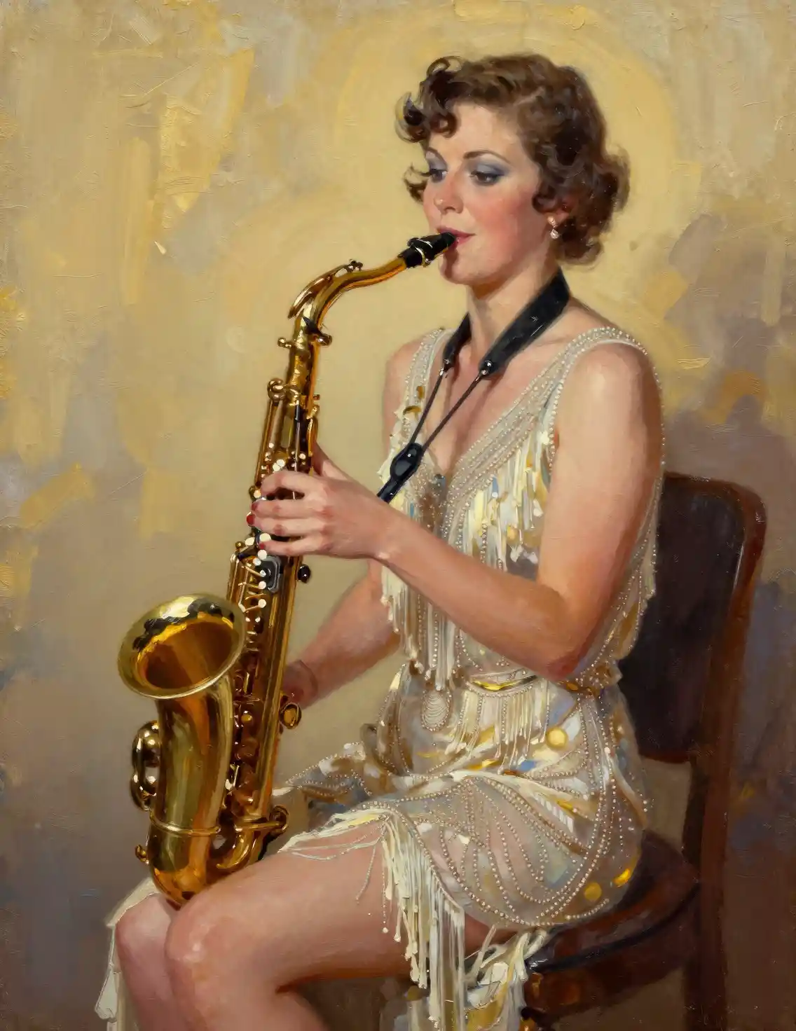 Flapper woman playing tenor saxophone in soft golden light