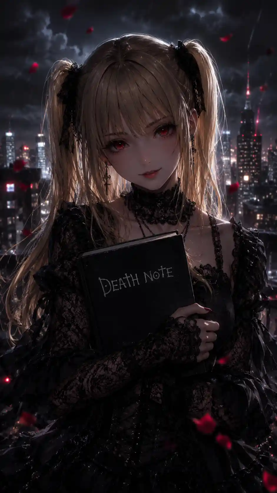 Gothic anime girl with death notebook on rainy rooftop