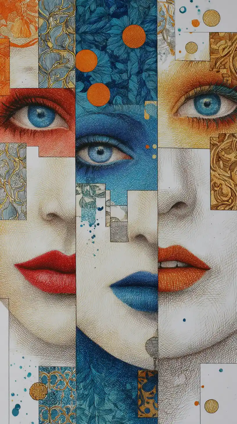 Cubist surreal colored pencil portrait of three fragmented faces