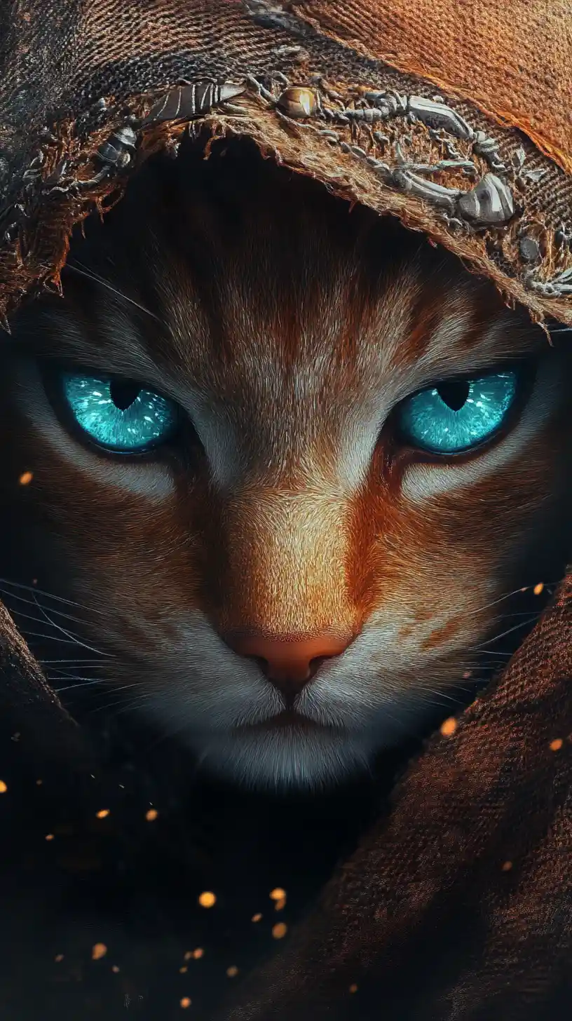 Mystical feline hybrid portrait with glowing aquamarine eyes