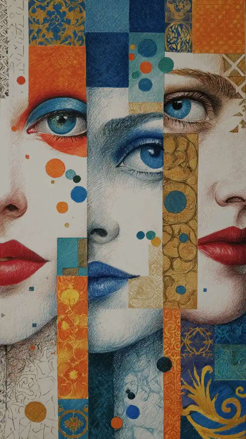 Cubist surreal portrait of three fragmented female faces