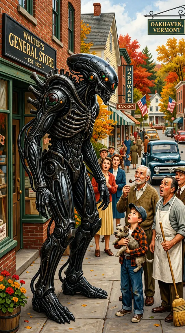 Mech EVA biomeccanico in una vivace scena di città fantasy