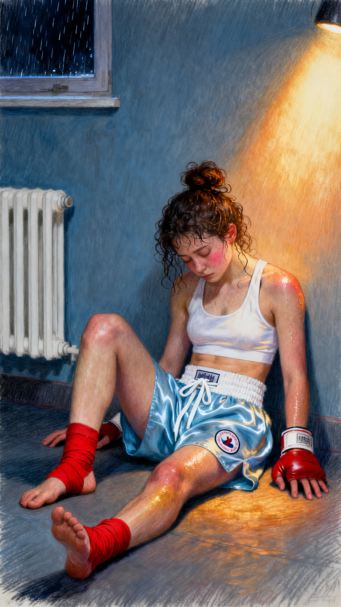 Exhausted Female Boxer Resting On Gym Floor
