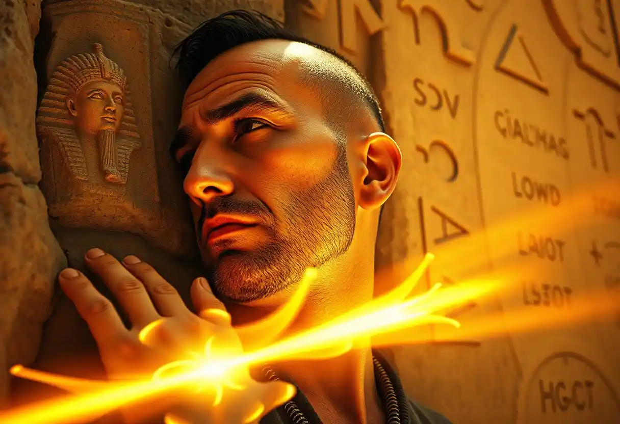 Alchemist Touching Ancient Wall In Blinding Desert Light