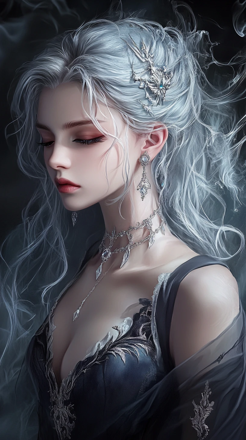 Donna fantasy dai capelli d’argento in un ritratto etereo e nebbioso