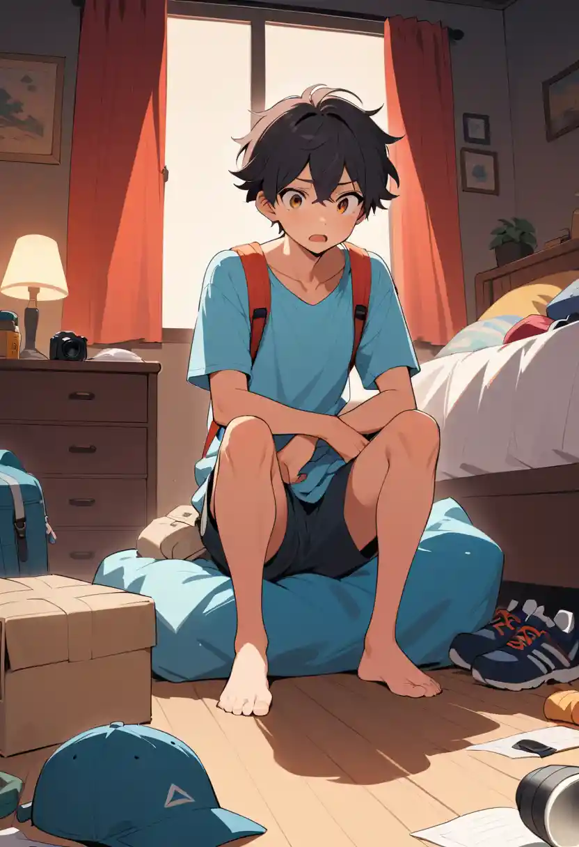 Teenage boy packing for a late night school camping trip