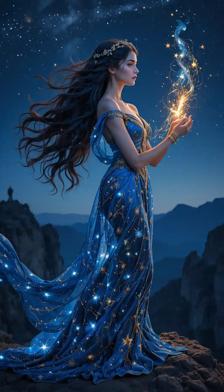 Midnight goddess fashion portrait on a mountain peak