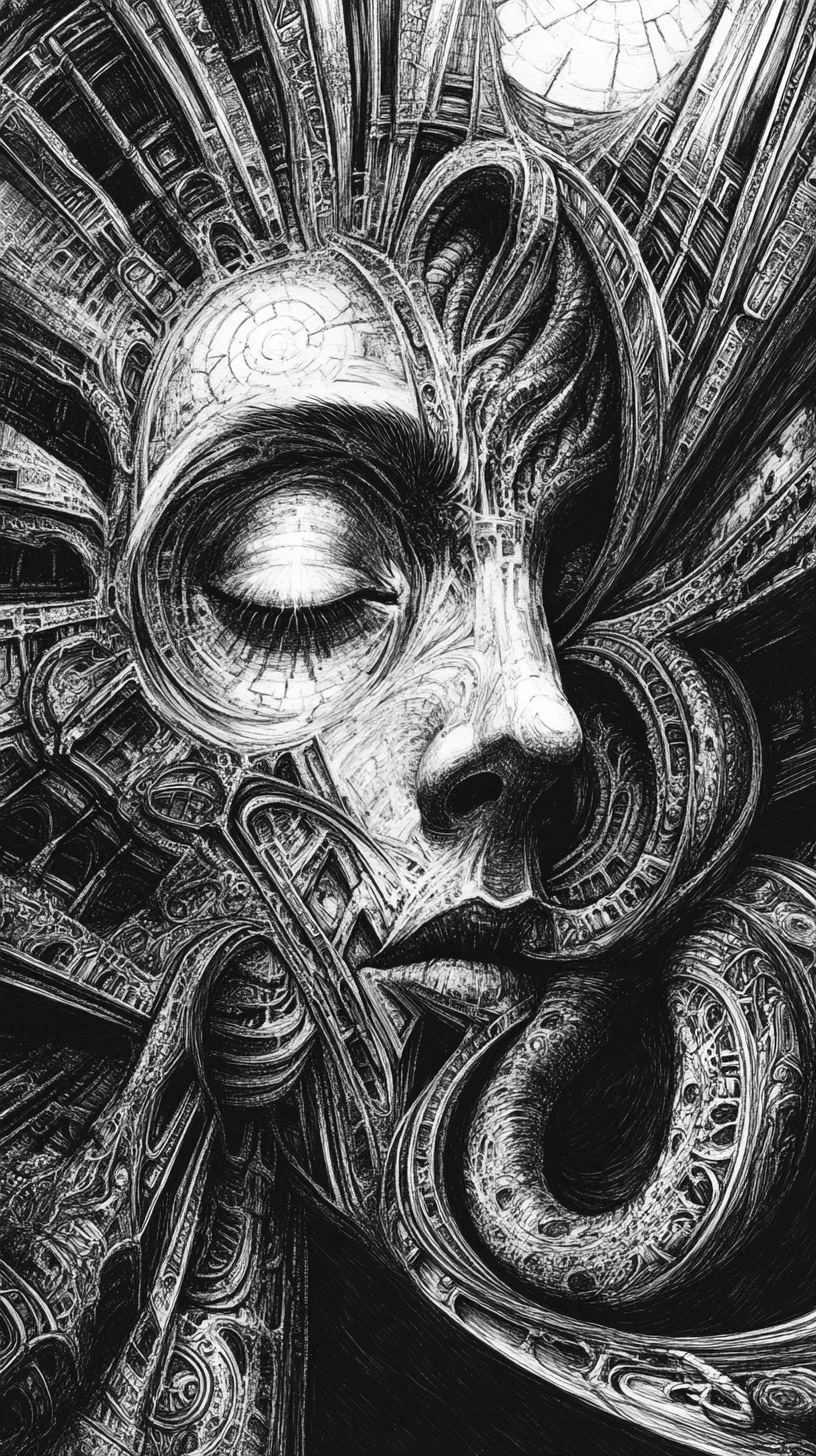 Surreal human face opening into gothic cathedral interior