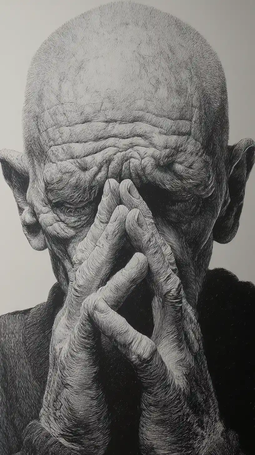 Hyperreal pencil portrait of an old man in prayer