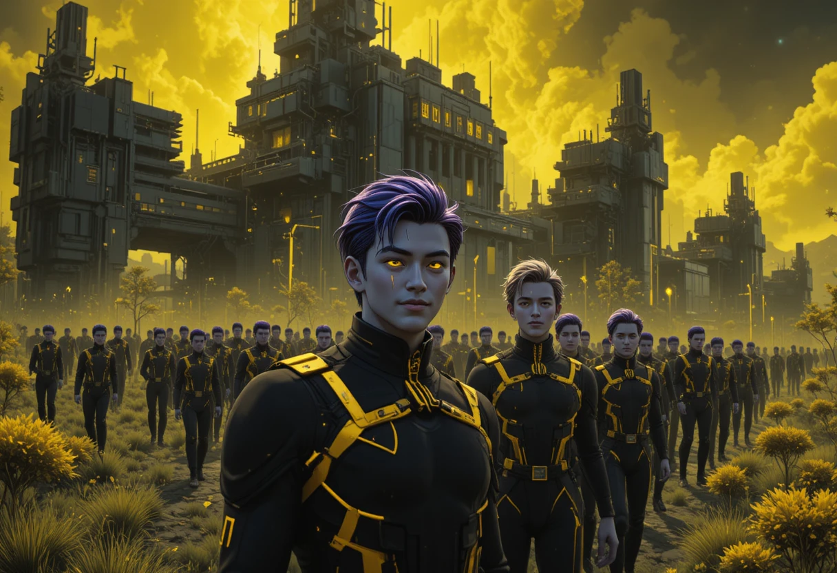 Endless teenage boys in a neon sci fi campus