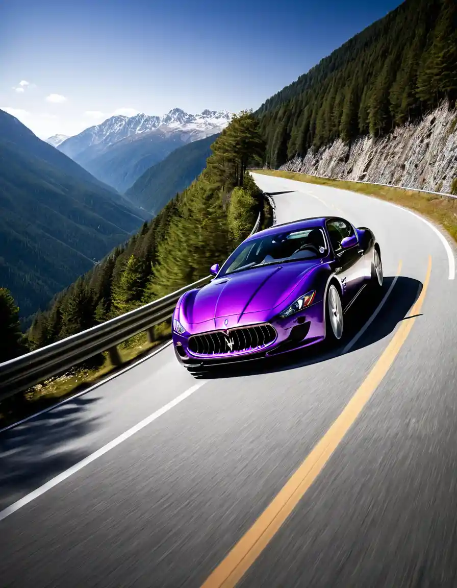 Purple sports car drifting along a cold alpine mountain road