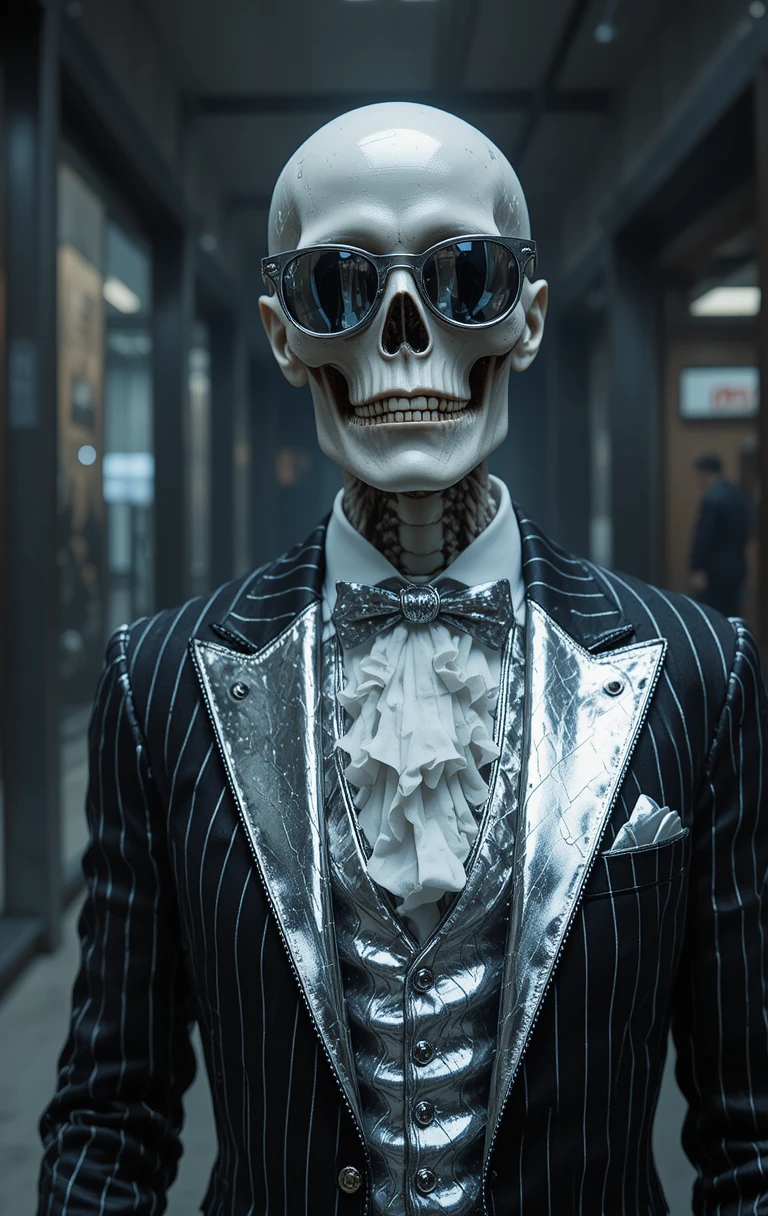Stylish zombie skeleton in a chrome pinstripe suit