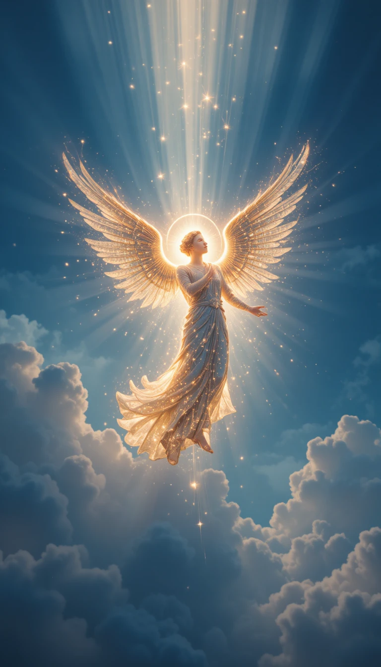 Majestic angel of light in a deep blue celestial sky