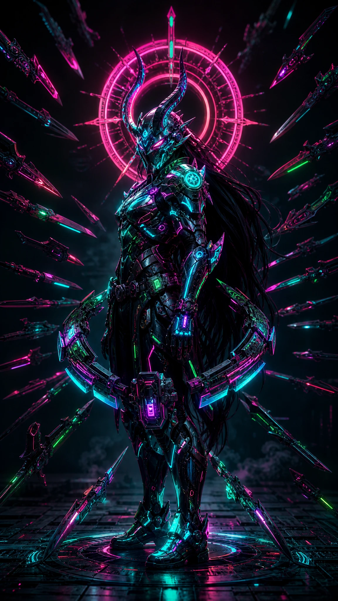 Cyberpunk demon armored warrior surrounded by hovering blades