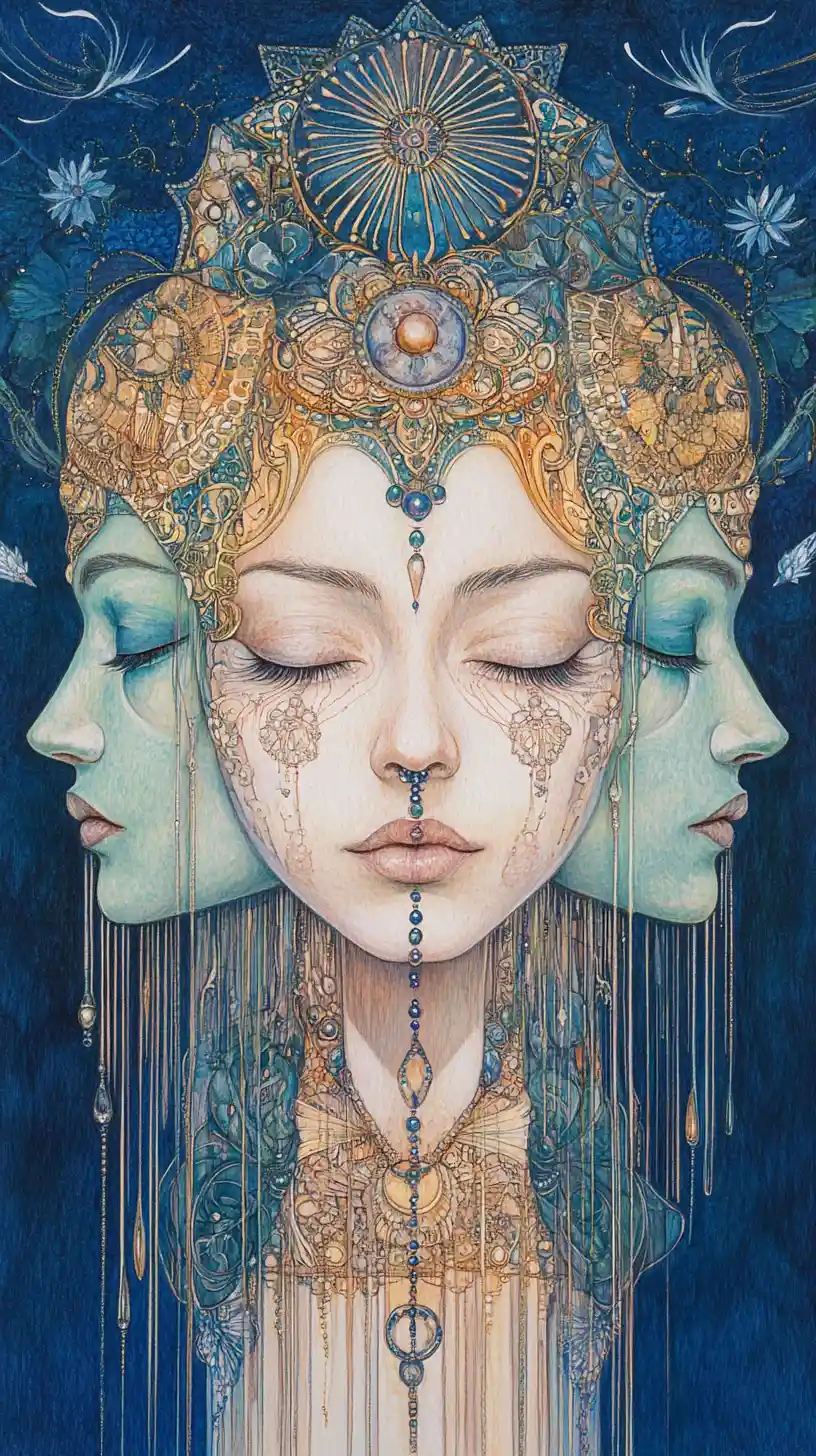Surreal colored pencil portrait of merging female faces