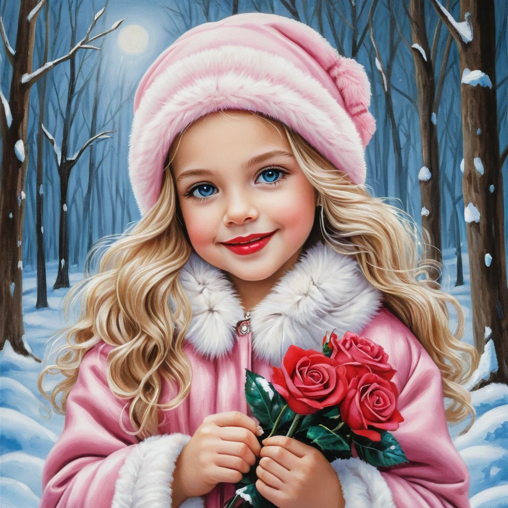 Smiling blonde girl in pink winter hat holding roses
