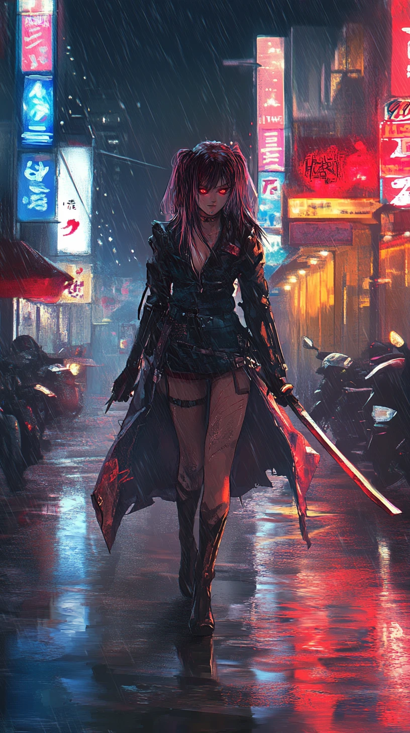Guerriera anime dai capelli bicolore in una piovosa strada di Tokyo