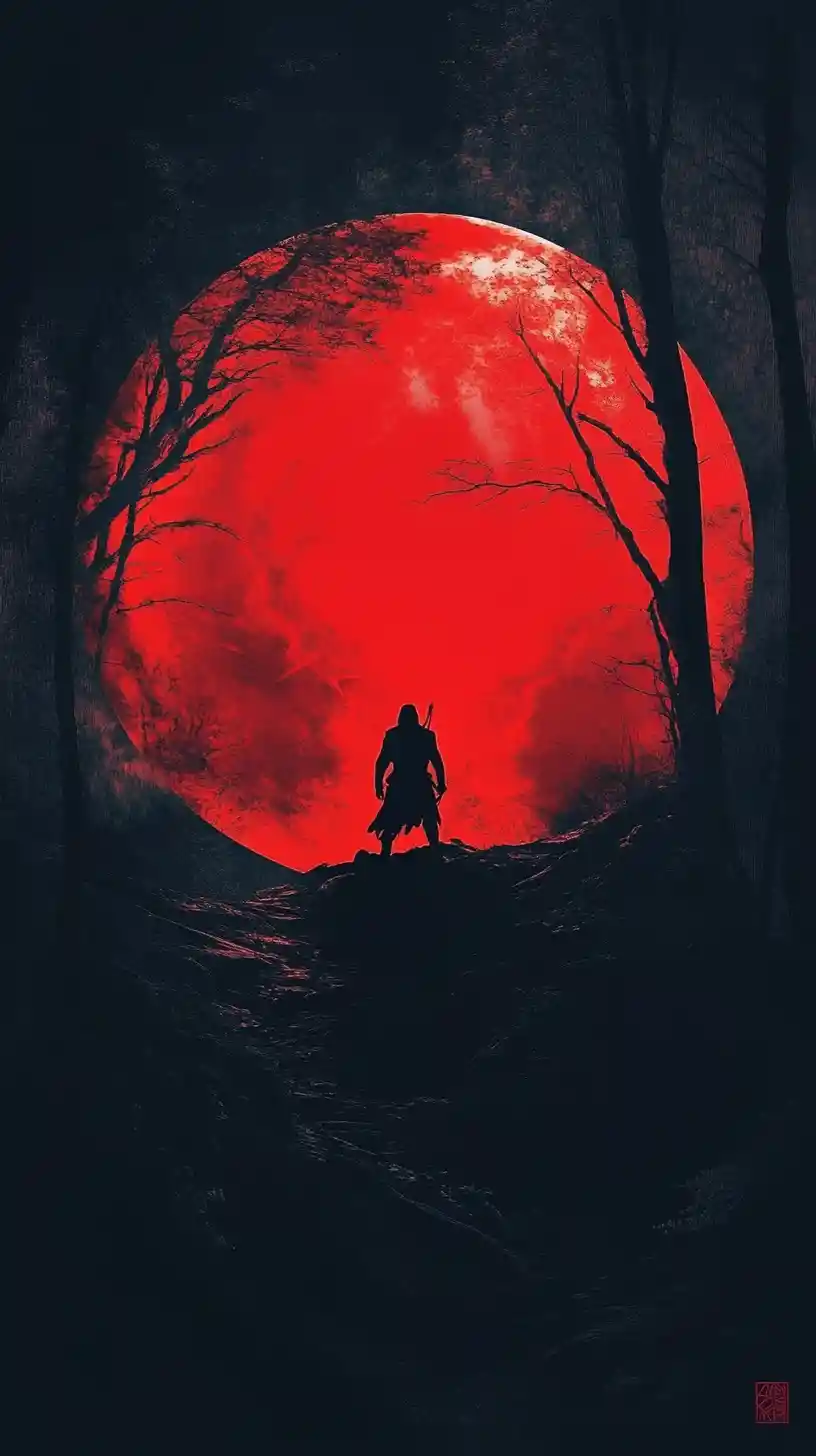 Surreal wolf silhouette encircling a lone hunter in forest
