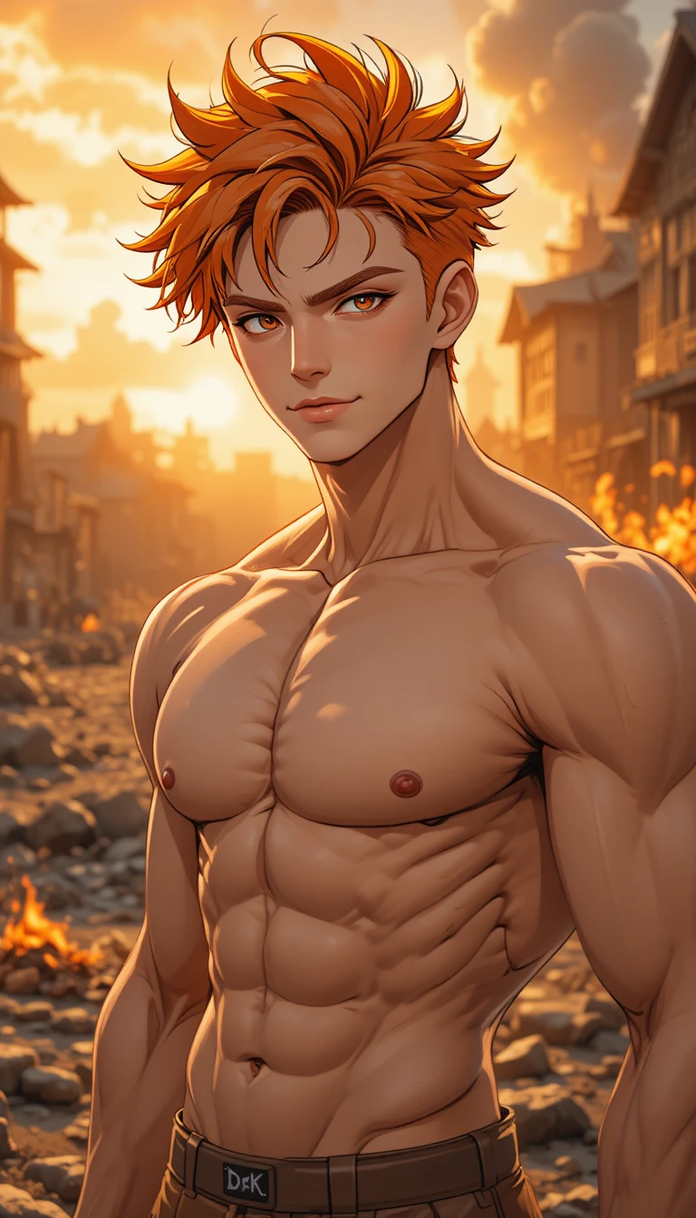 Muscular orange haired man standing in sunset light