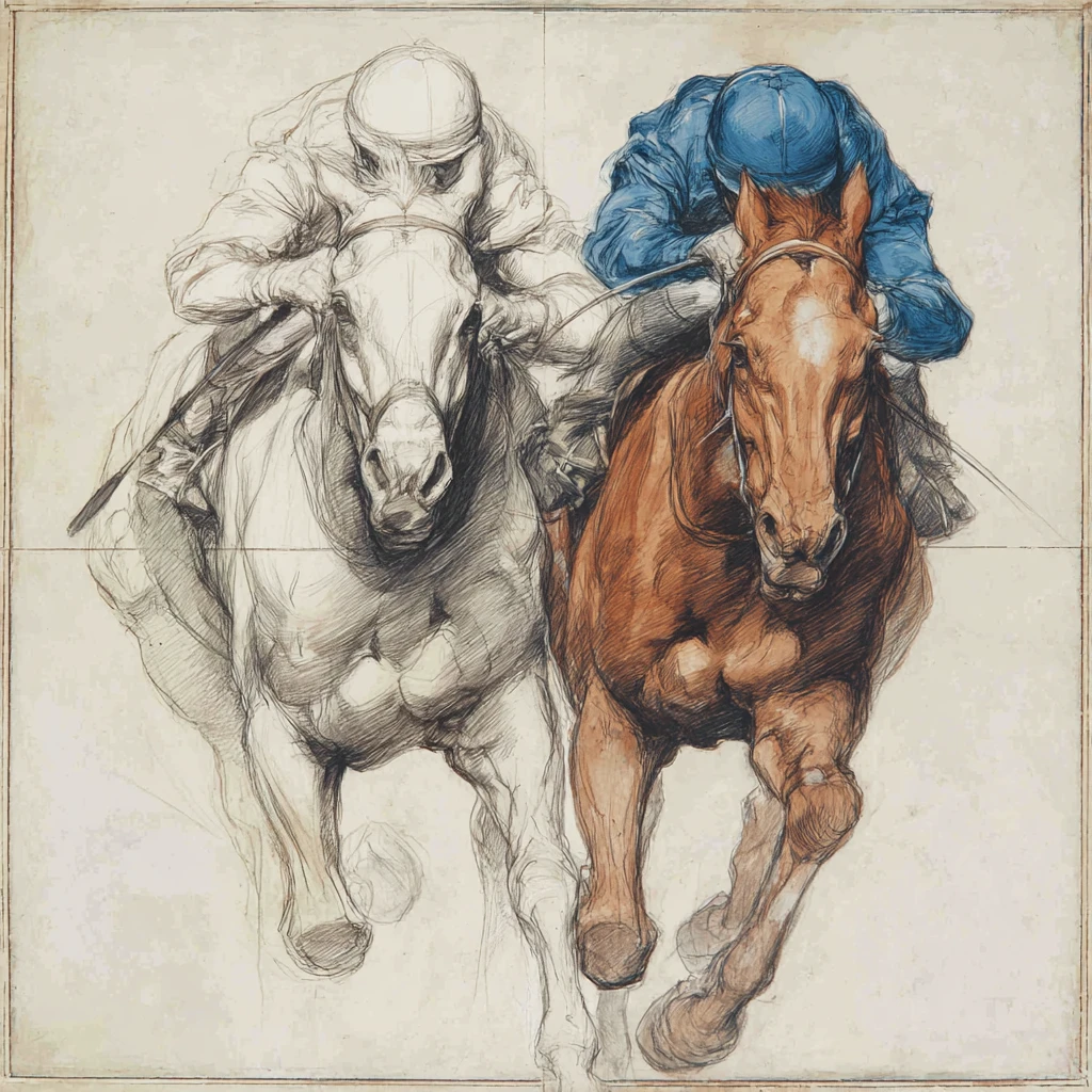 Two racehorses galloping neck and neck toward the viewer