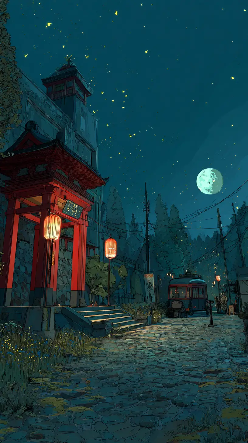 Ancient ninja village square at night with moonlit lanterns