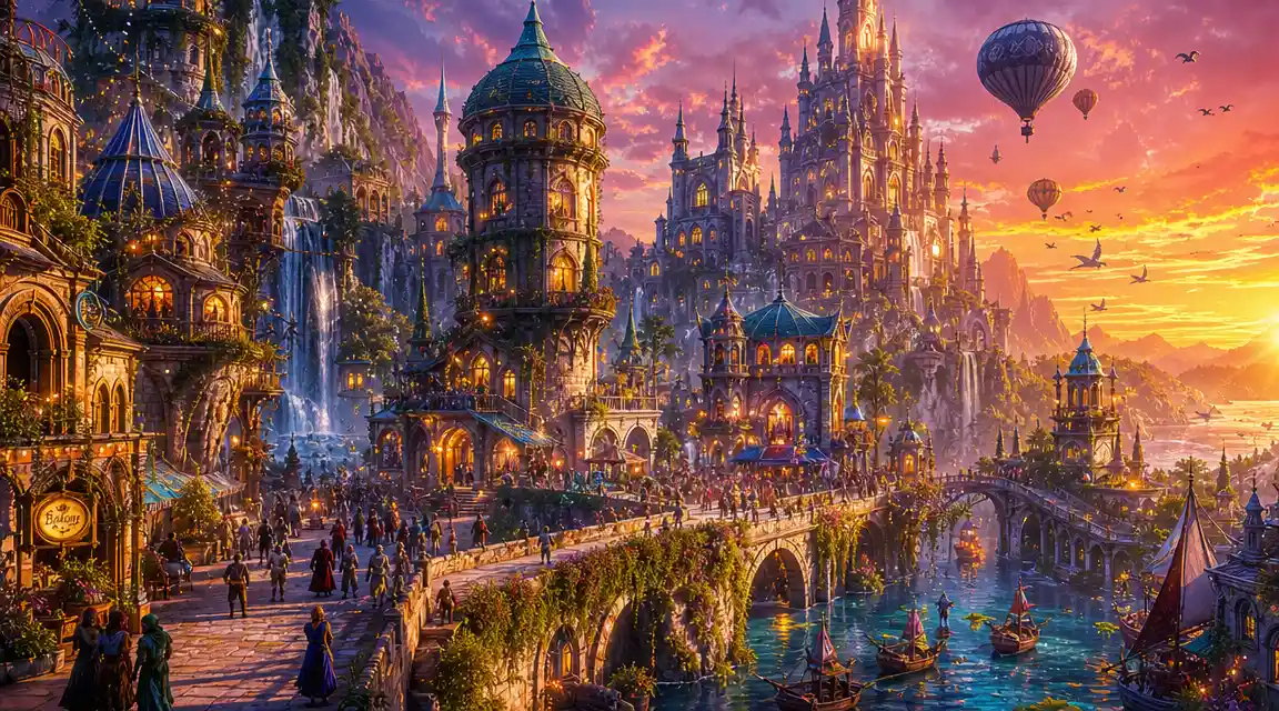 Fantastical village by a canal at glowing sunset