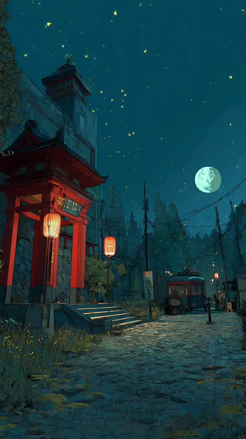 Ancient ninja village square at night with moonlit lanterns