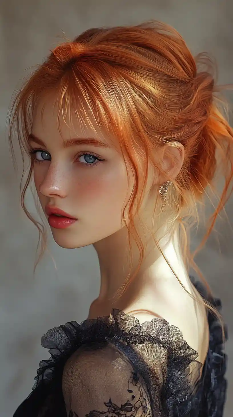 Red haired girl in blue dress under dappled sunlight