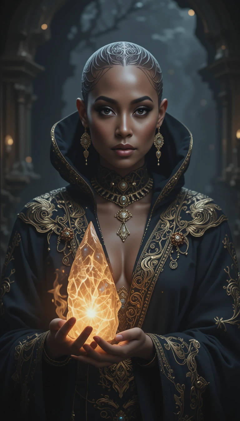 Bald tattooed woman holding glowing crystal artifact