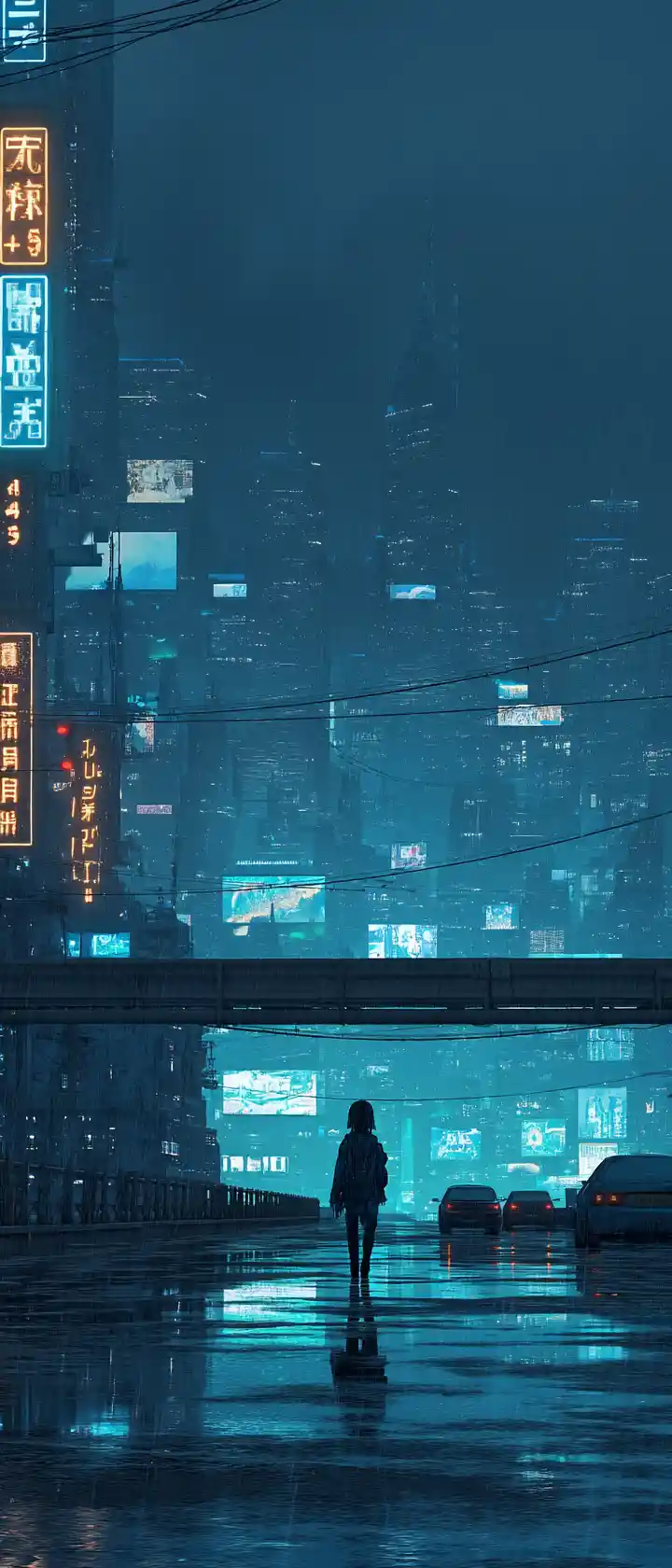 Anime traveler on endless neon highway in the night sky