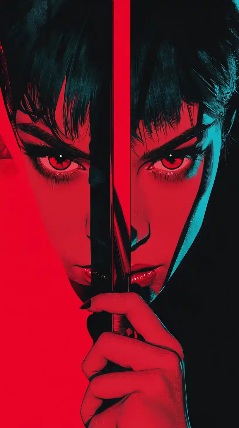 Intense anime woman portrait with blade and abstract eye background
