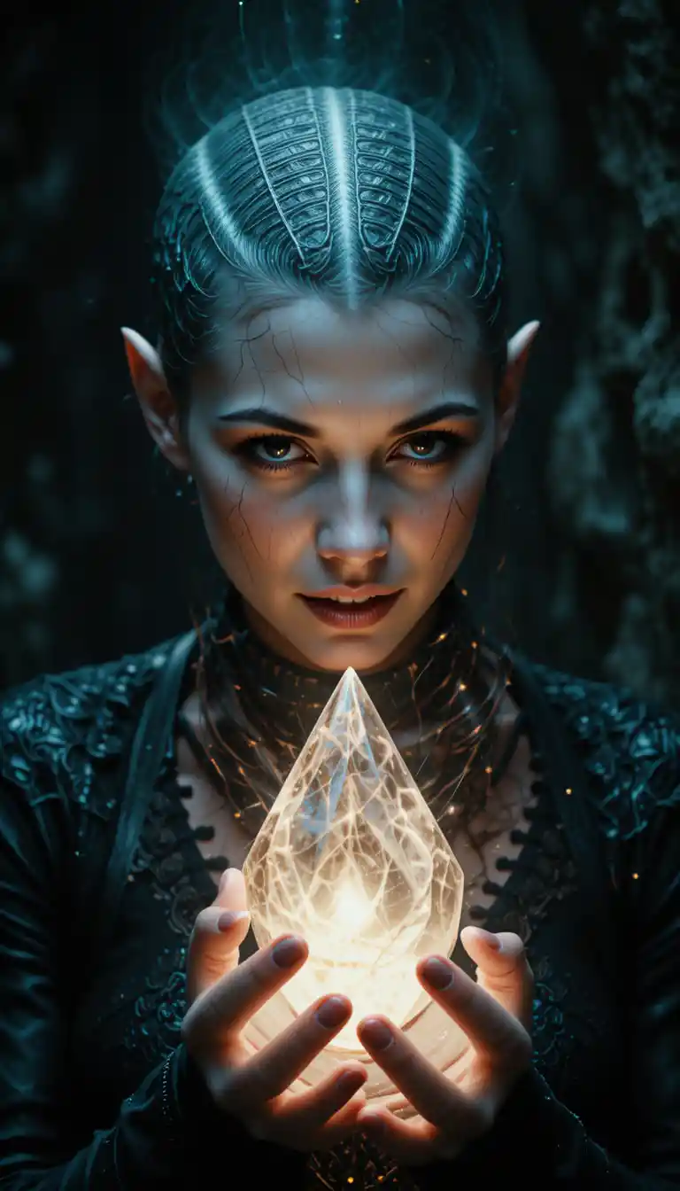 Bald tattooed woman holding a glowing crystal artifact