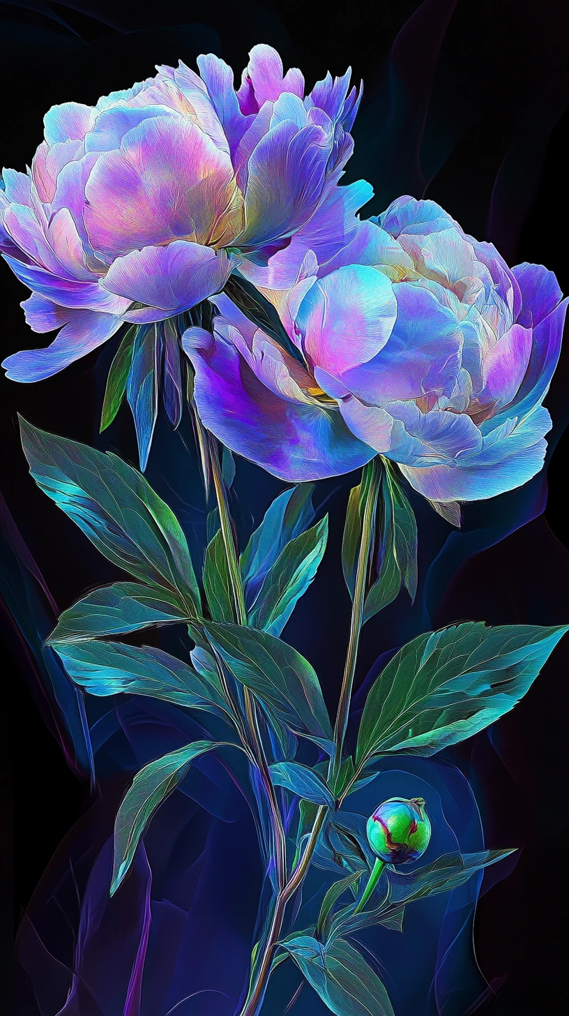 Lavender peonies glowing against a cosmic dark background