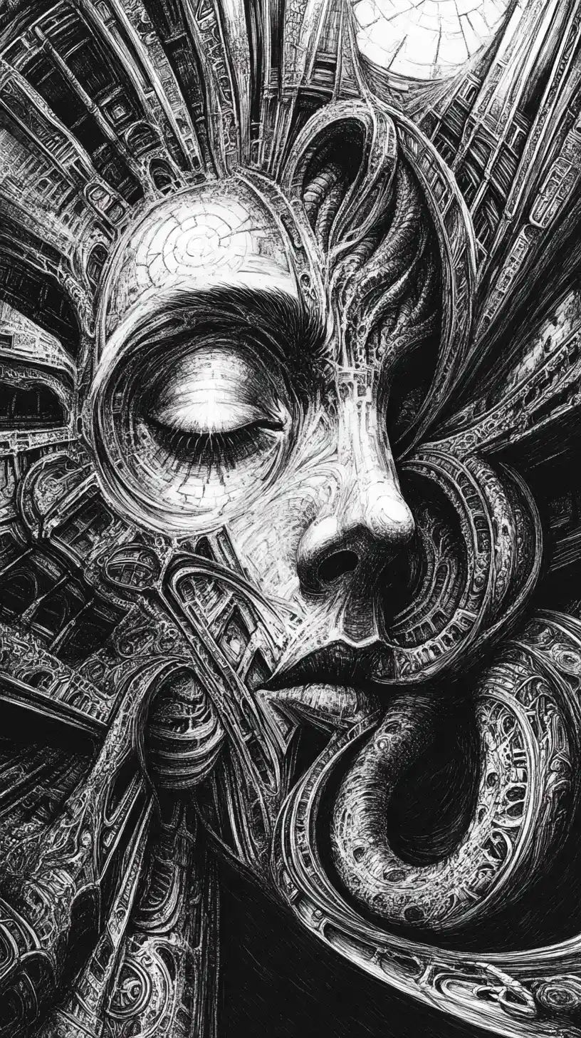 Surreal human face opening into gothic cathedral interior